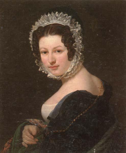unknow artist Portrait of a young lady,half-length,wearing a black dress,with a green mantle,and a lace bonnet